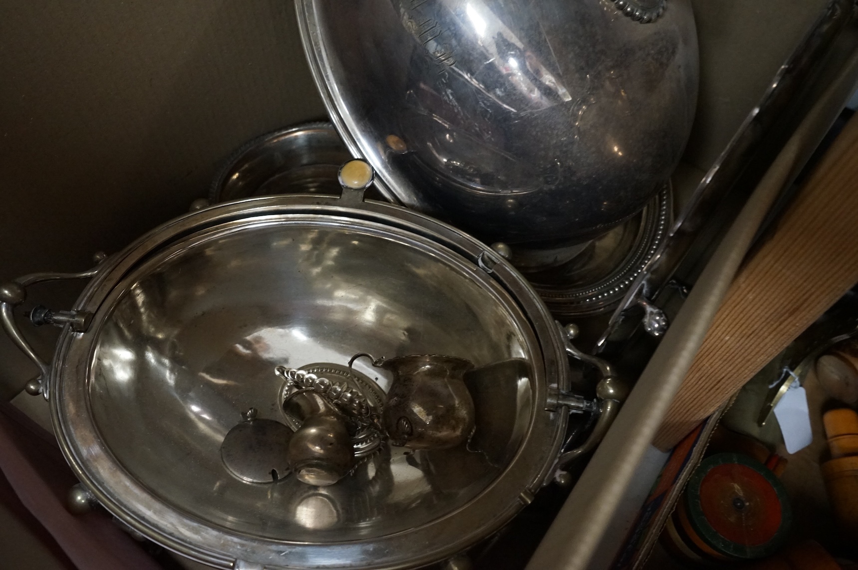 A quantity of silver plate to include a breakfast dish and wine coasters, together with two small items of silver